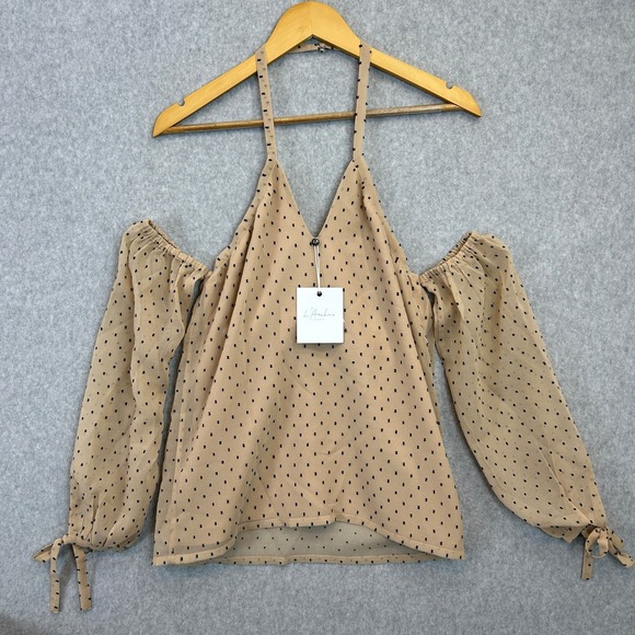 L'Academie Tops - L'Academie Revolve XXS Amber Blouse Halter Neck Tan Polka Dot Off Shoulder NEW